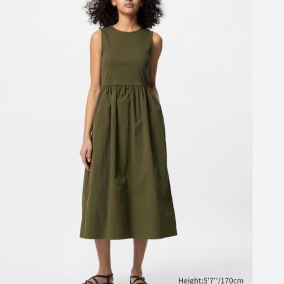 Uniqlo Olive Green Ribbed Maxi Dress M Long Sleeve Stretch Knit Minimalist M - Picture 1 of 7